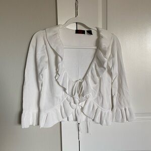 Jink Vintage 100% Cotton Ruffle Trim Prep Tie Front Y2K Minimal Crop Cardigan